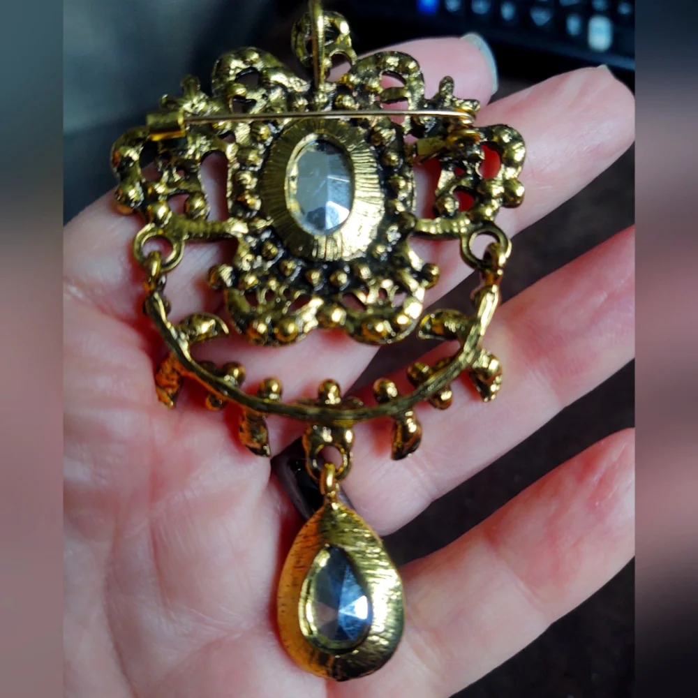 Ornate Green Rhinestone Medallion Brooch